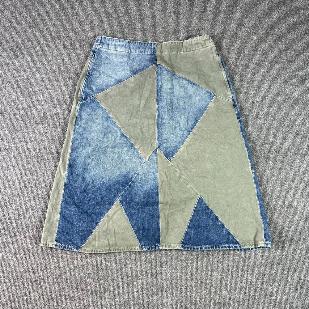 Etienne Marcel A-Line Midi Skirt Womens 26 Blue Green Patchwork Denim Western